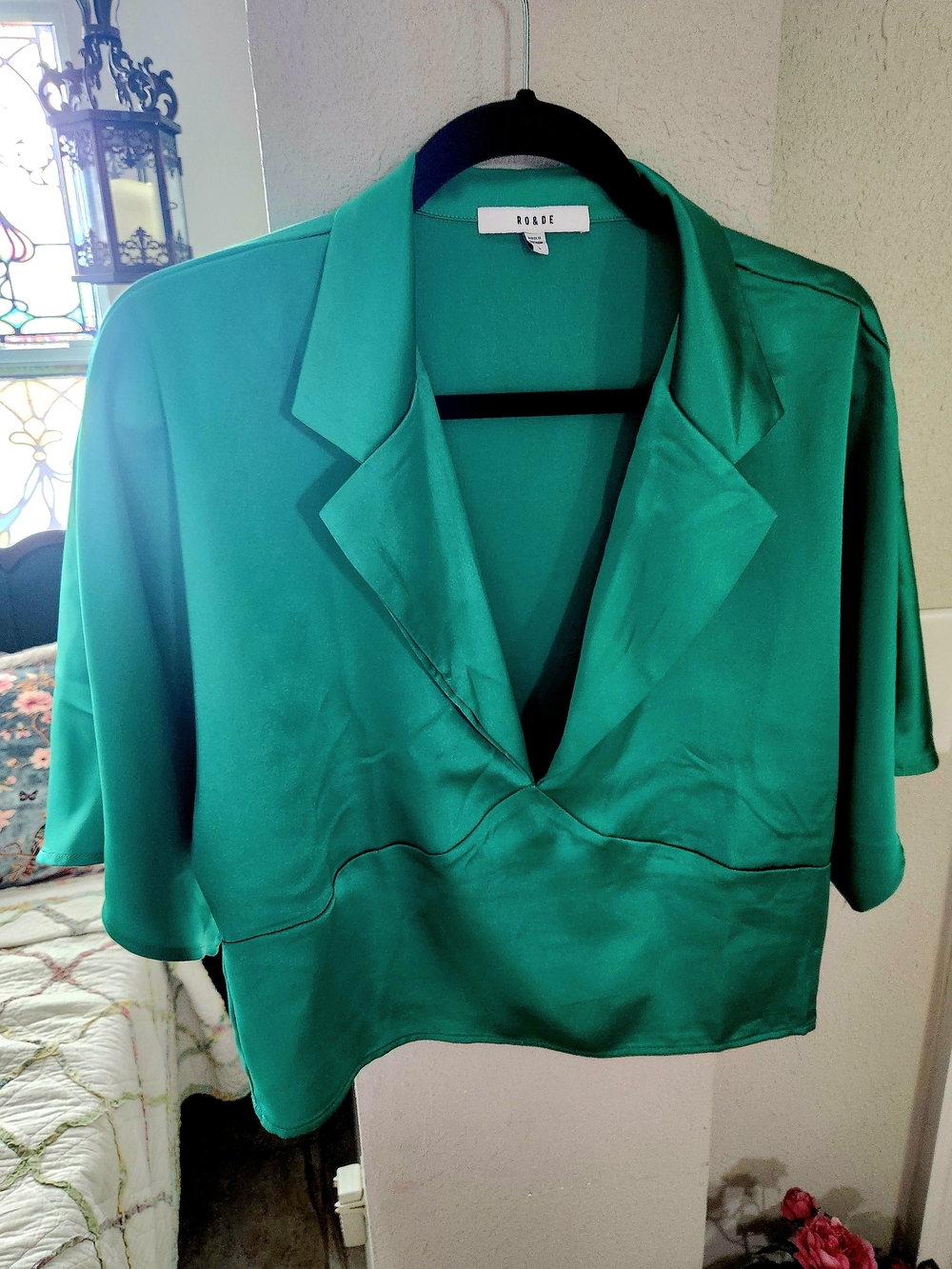 Emerald Satin V-Neck Blouse with Notched Collar